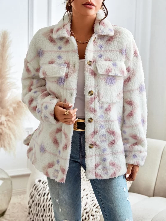 Geometric Print Drop Shoulder Teddy Coat