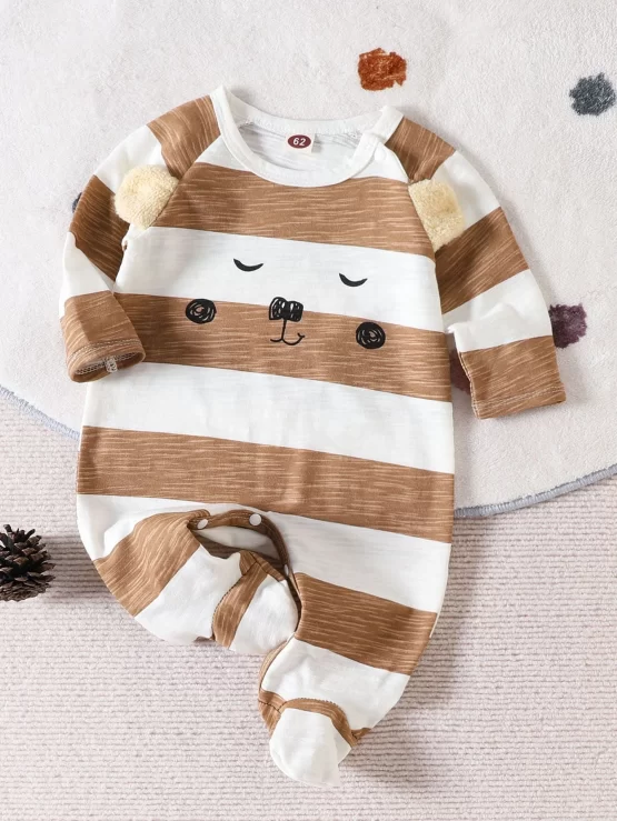 Baby Cartoon Print 3D Ear Footed Sleep Striped Jumpsuit
