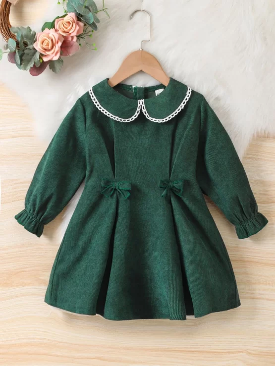 Toddler Girls Guipure Lace Trim Flounce Bow Front Sleeve Dress