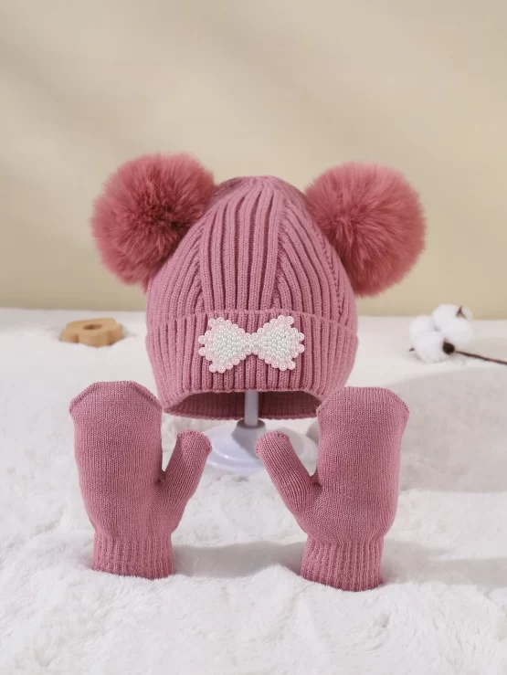 Toddler Girls Pom Pom Decor Beanie & Gloves