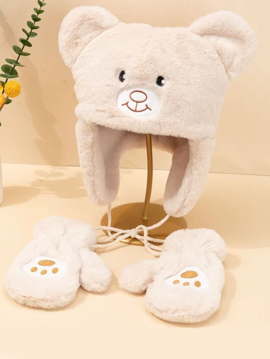 Toddler Kids Cartoon Bear Embroidered Fuzzy Beanie & Gloves