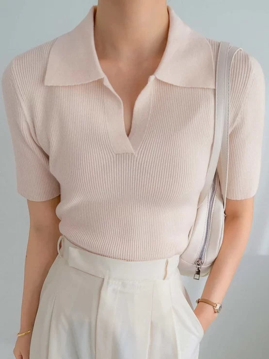 Dazy-Less Collar Solid Collared Rib Knit Top