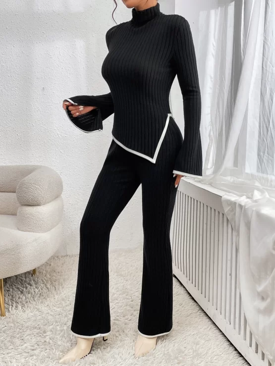 Contrast Trim Flounce Sleeve Asymmetrical Hem Tee & Flare Leg Pants