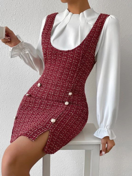 Flounce Sleeve Blouse & Plaid Split Hem Overall Dress