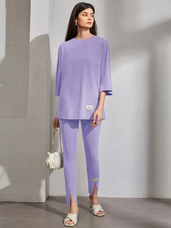 Letter Patch Detail Drop Shoulder Tee & Slit Hem Pants