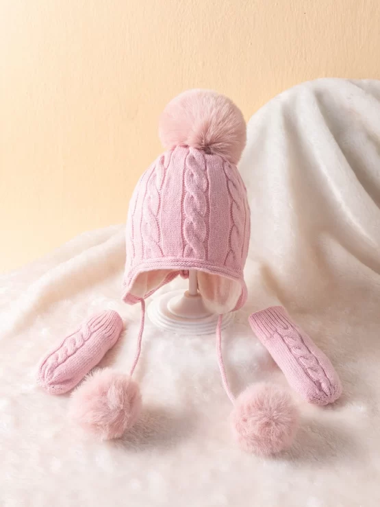 Two Pieces Plush Ball Decor Baby Beanie & Gloves
