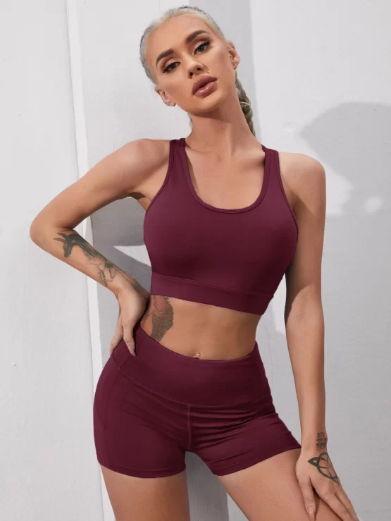 Solid Cut Out Back Sports Bra & Biker Shorts - Image 2