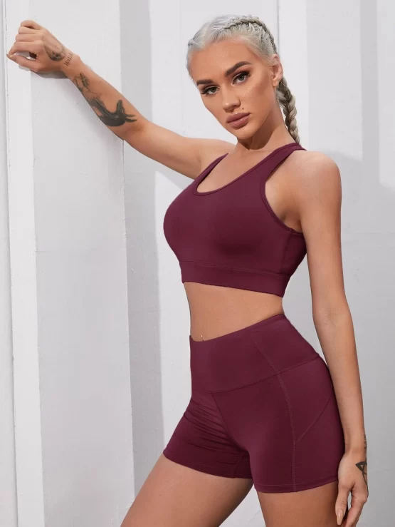 Solid Cut Out Back Sports Bra & Biker Shorts - Image 3