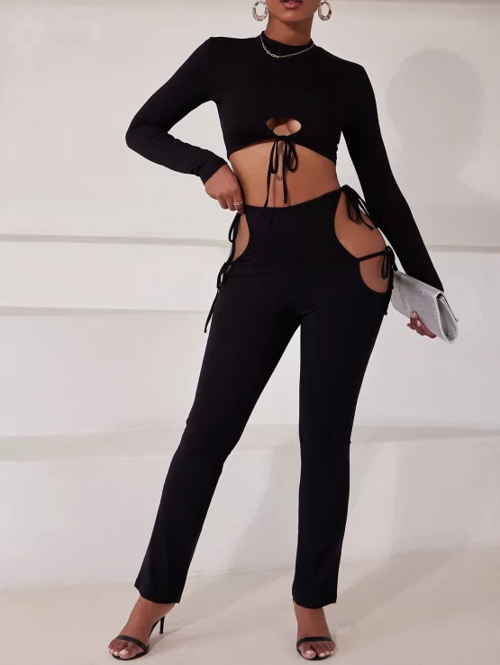 Stand Neck Drawstring Crop Top & Knot Side Cut Out Pants - Image 3
