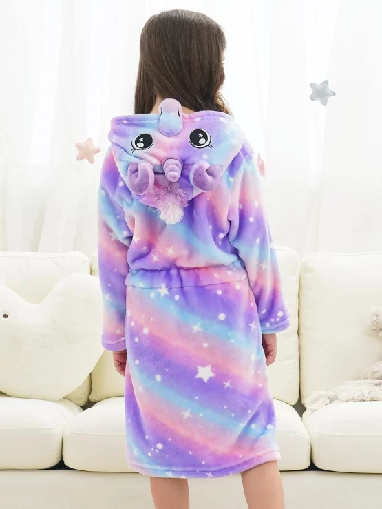 Girls Ombre Unicorn Embroidered Pocket Front 3D Patched Hooded Flannel Lounge Belted Robe - Image 2