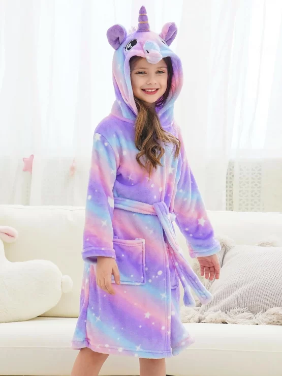 Girls Ombre Unicorn Embroidered Pocket Front 3D Patched Hooded Flannel Lounge Belted Robe - Image 3