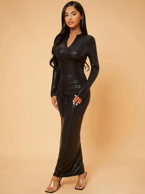 Crocodile Embossed PU Leather Bodycon Dress - Image 3