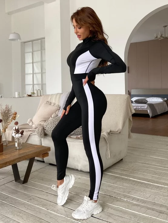 Zipper Front Contrast Panel Absorbs Sweat Breathable Softness Sports Jumpsuit - Image 2