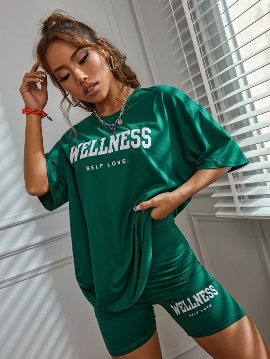 Letter Graphic Drop Shoulder Tee & Biker Shorts - Image 3