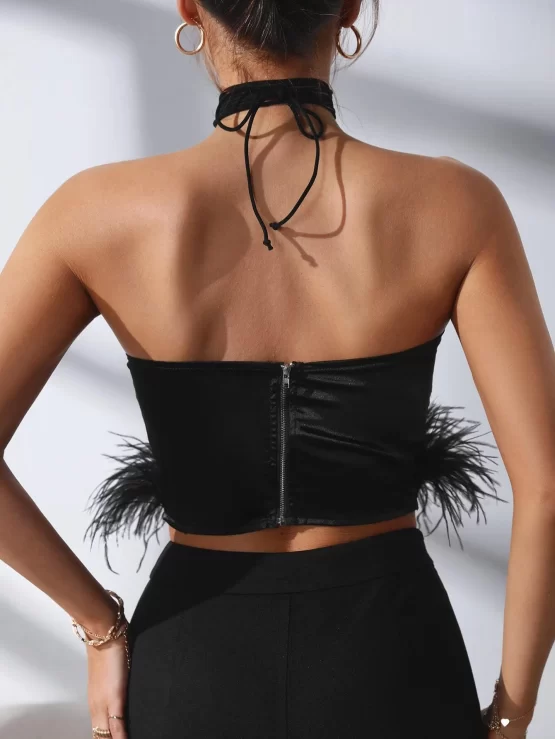 Halter Neck Fuzzy Trim Faux Fur Satin Crop Top - Image 2