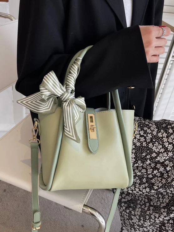 Twilly Scarf Decor Turn Lock Bucket Bag With Inner Pouch - Image 3