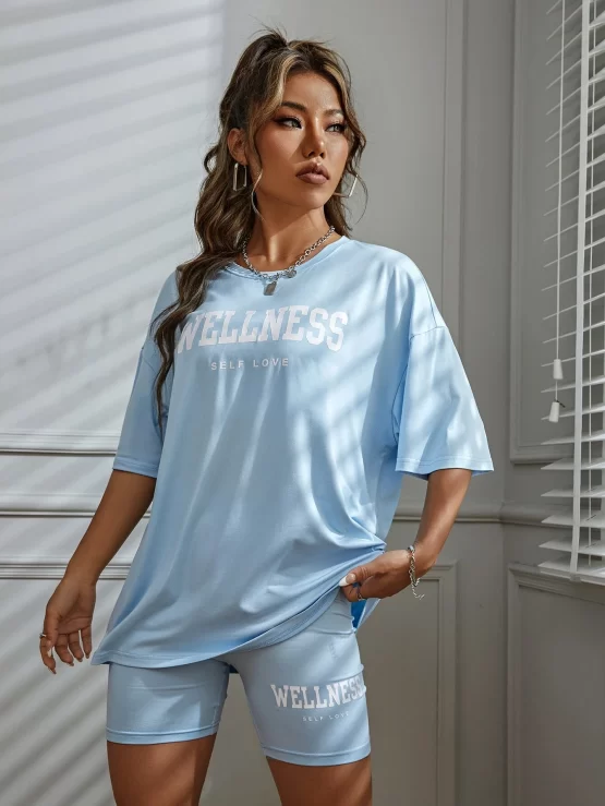 Letter Graphic Drop Shoulder Tee & Biker Shorts - Image 7