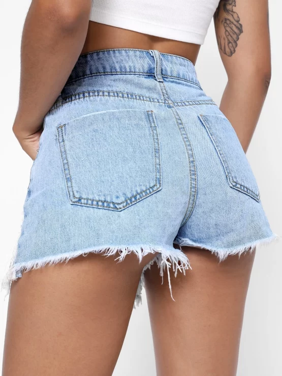 Ripped Raw Cut Chain Detail Denim Shorts - Image 2