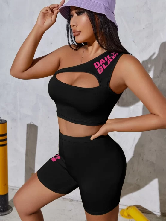 Letter Graphic One Shoulder Cut Out Crop Top & Biker Shorts - Image 2