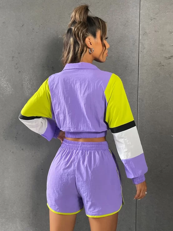 Color Block Half Zip Sweatshirt & Drawstring Waist Shorts - Image 2