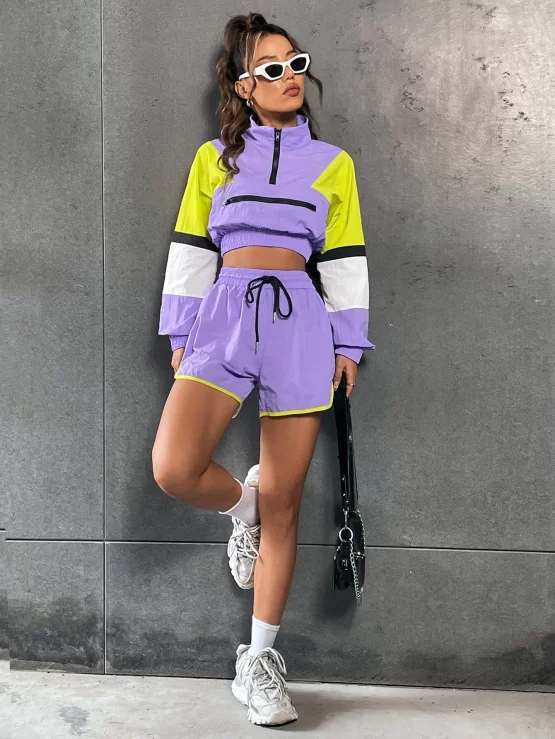 Color Block Half Zip Sweatshirt & Drawstring Waist Shorts - Image 3