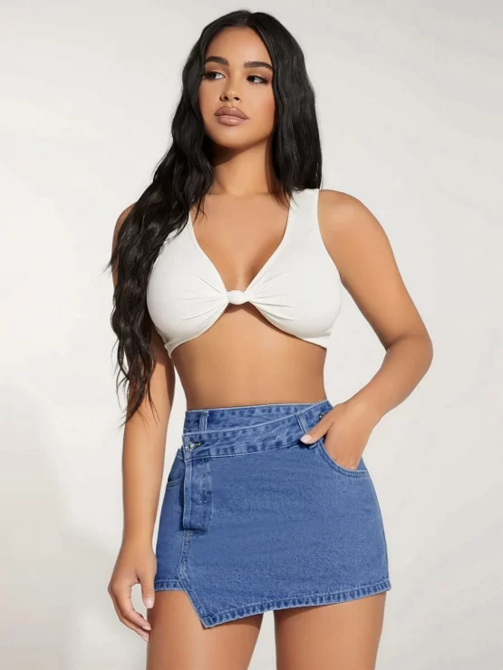 High Waist Asymmetrical Hem Denim Wrap Skort - Image 2