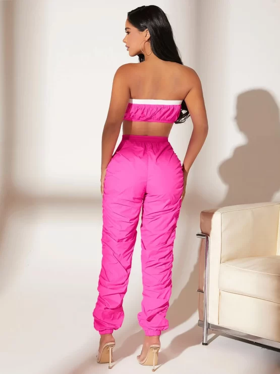 Contrast Trim Crop Tube Top & Stacked Pants Set - Image 4