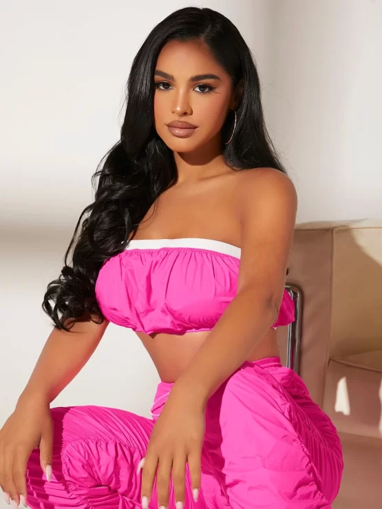 Contrast Trim Crop Tube Top & Stacked Pants Set - Image 5