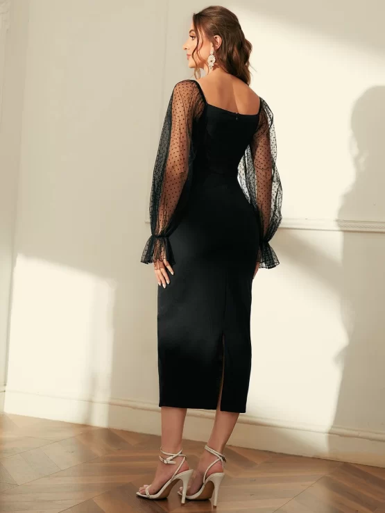 Modely Contrast Lace Sweetheart Neck Flounce Sleeve Split Back Velvet Dress - Image 3