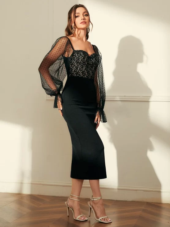 Modely Contrast Lace Sweetheart Neck Flounce Sleeve Split Back Velvet Dress - Image 2