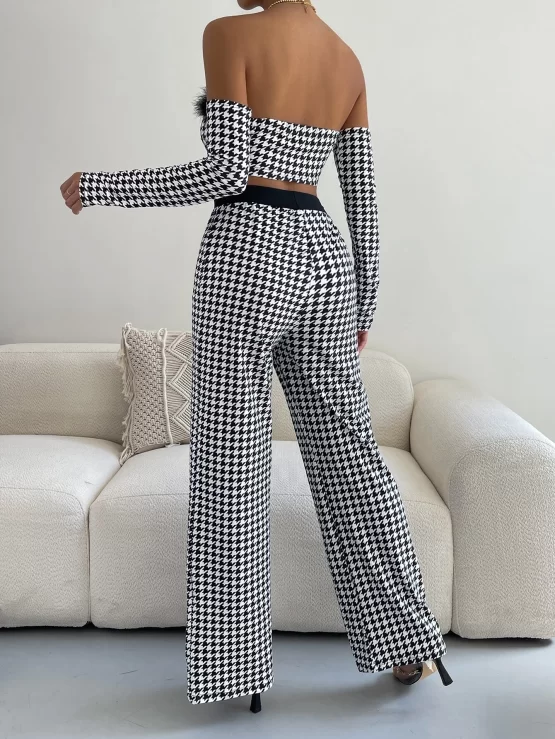 Houndstooth Fuzzy Trim Crop Tube Top & Pants & Arm Sleeves - Image 3