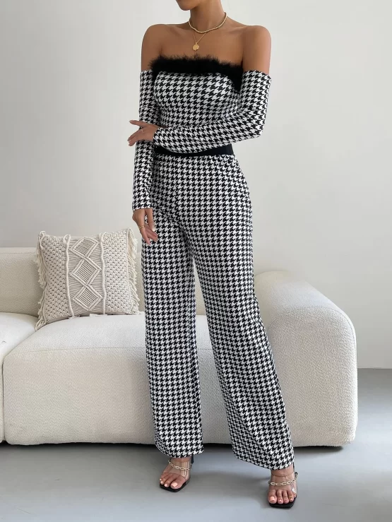 Houndstooth Fuzzy Trim Crop Tube Top & Pants & Arm Sleeves - Image 2