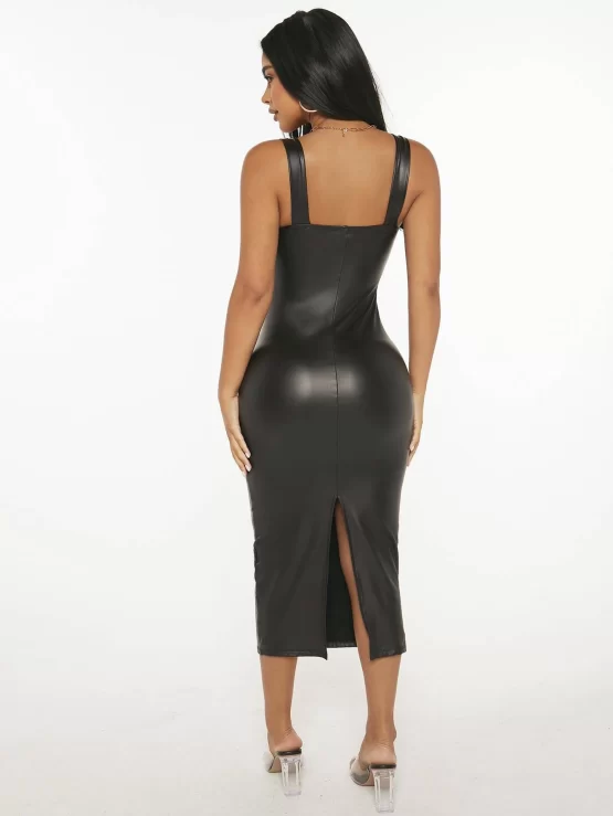 Split Backless Sexy PU Leather Bodycon Dress - Image 3