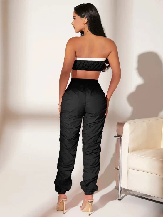 Contrast Trim Crop Tube Top & Stacked Pants Set - Image 9