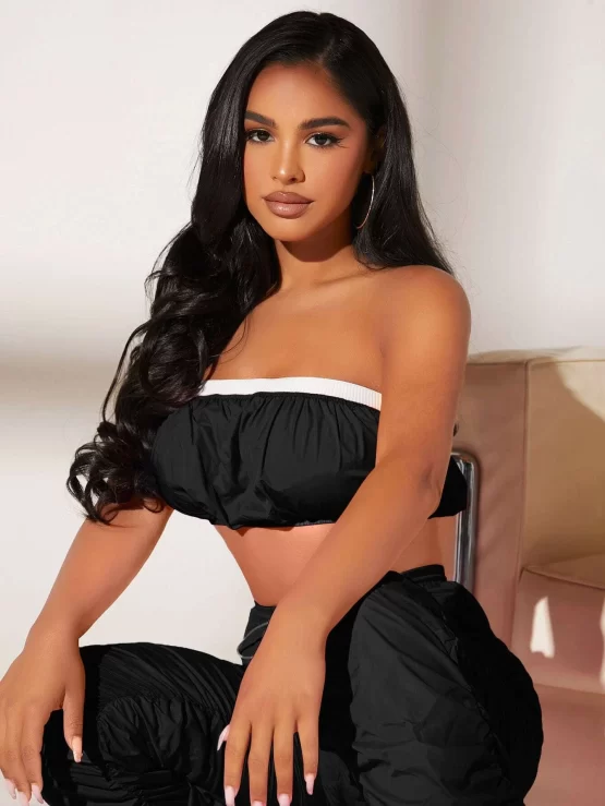 Contrast Trim Crop Tube Top & Stacked Pants Set - Image 8
