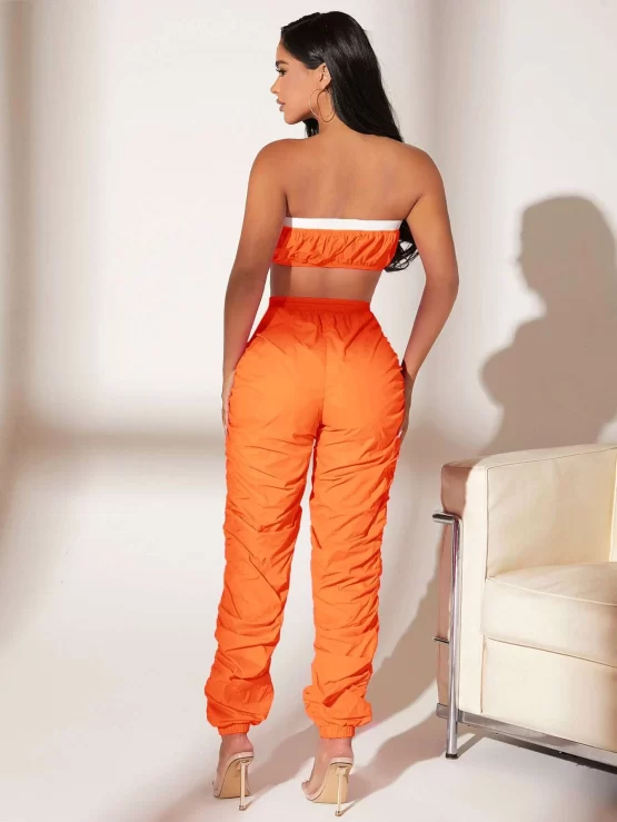 Contrast Trim Crop Tube Top & Stacked Pants Set - Image 3