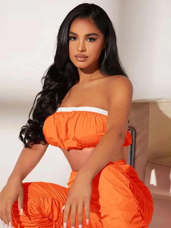 Contrast Trim Crop Tube Top & Stacked Pants Set - Image 2