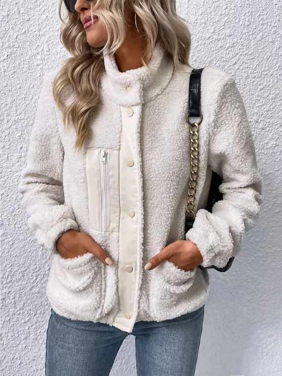 Dual Pockets Snap Button Fleece Teddy Jacket - Image 2