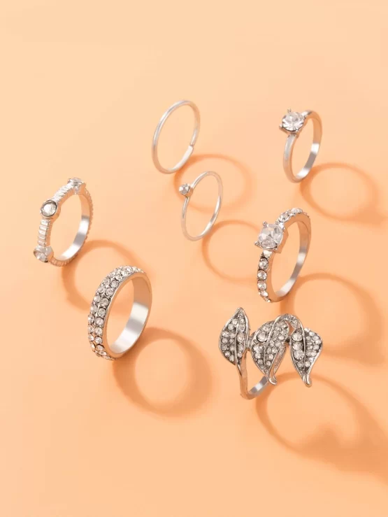 Seven Pieces Glamorous Rhinestone Leaf Decor Ring - Image 3
