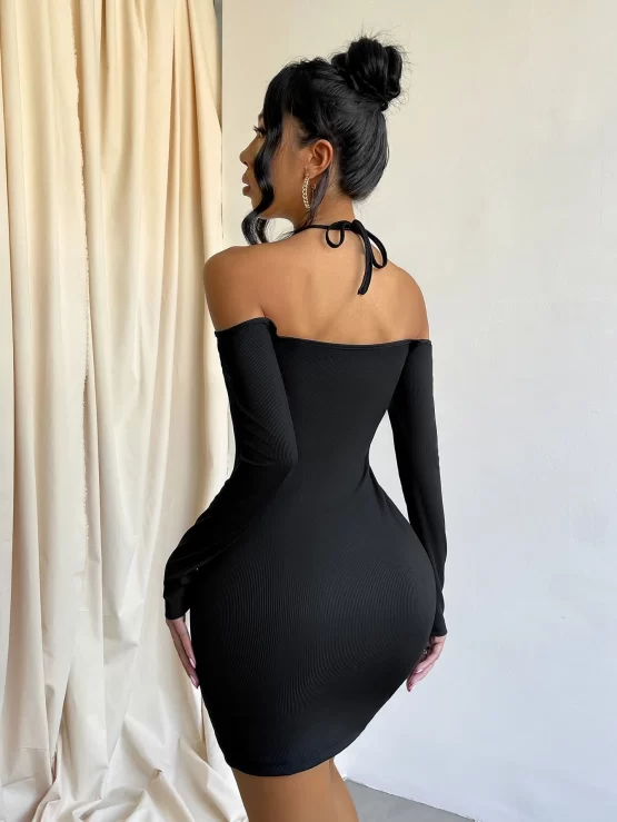 Halter Neck Sexy Slit Hem Bodycon Dress - Image 2
