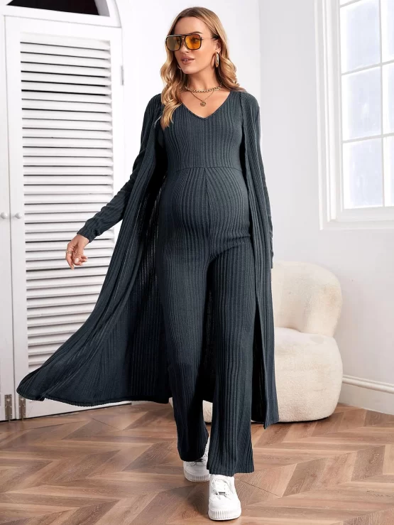 Maternity Drop Shoulder Open Front Coat & Jumpsuit - Image 2