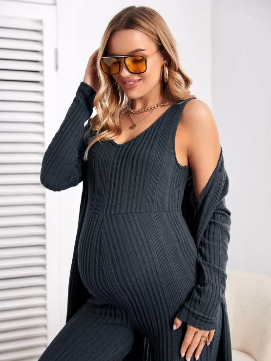 Maternity Drop Shoulder Open Front Coat & Jumpsuit - Image 3
