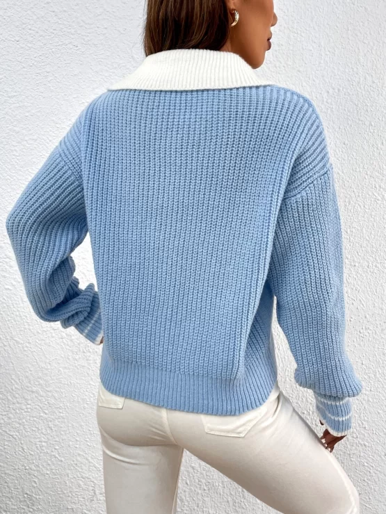 Contrast Collar Cable Knit Drop Shoulder Sweater - Image 3