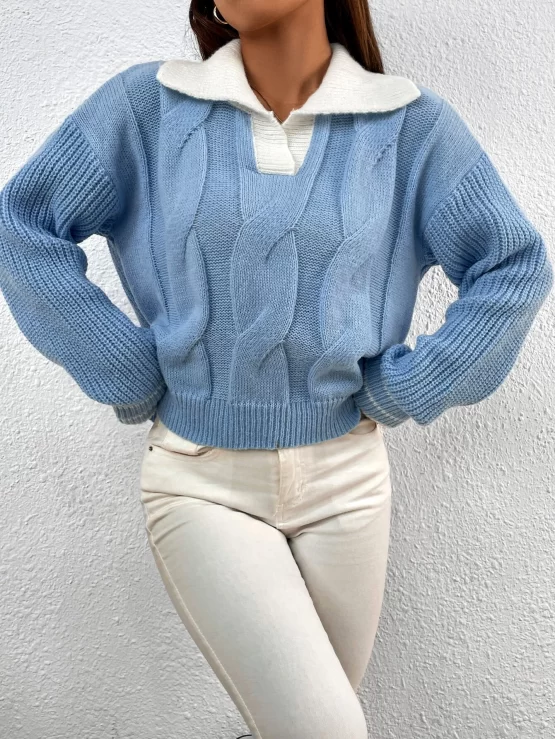 Contrast Collar Cable Knit Drop Shoulder Sweater - Image 2