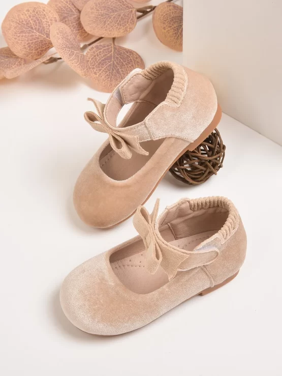 Girls Bow Plain Decor Velvet Ankle Strap Flats - Image 4