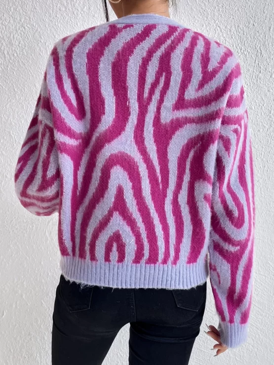 Zebra Striped Pattern Drop Shoulder Cardigan - Image 2