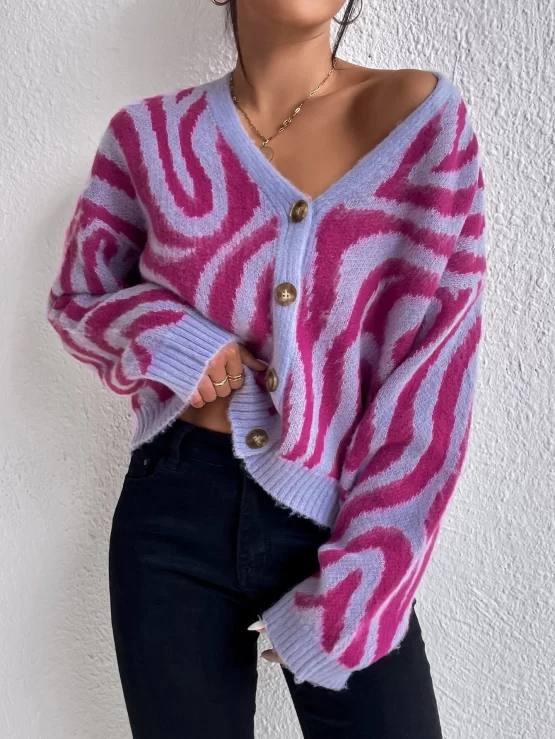 Zebra Striped Pattern Drop Shoulder Cardigan - Image 3