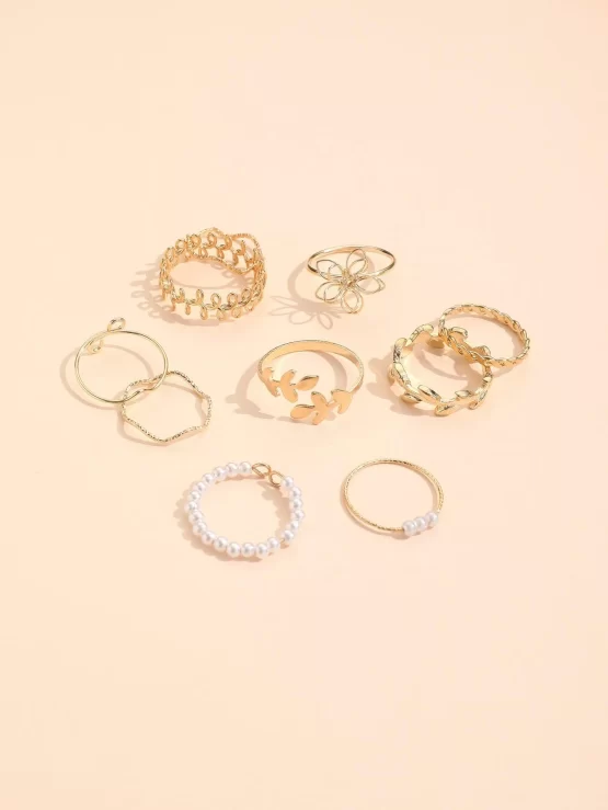 Ten Pieces Leaf & Faux Pearls Decor Ring - Image 2