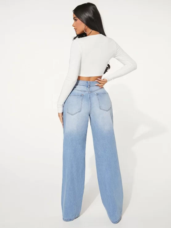 Single Button Cut Out Ripped Frayed Wide Leg Jeans - Image 2