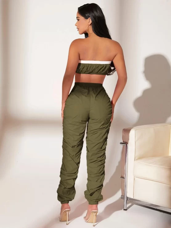 Contrast Trim Crop Tube Top & Stacked Pants Set - Image 10